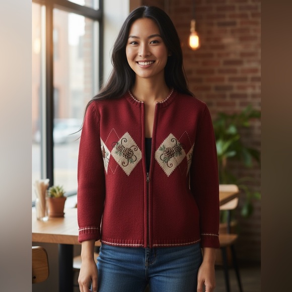 Croft & Borrow Silk Blend Knit Red Zip Up Sweater Cardinals Pinecones Vintage - Picture 1 of 12